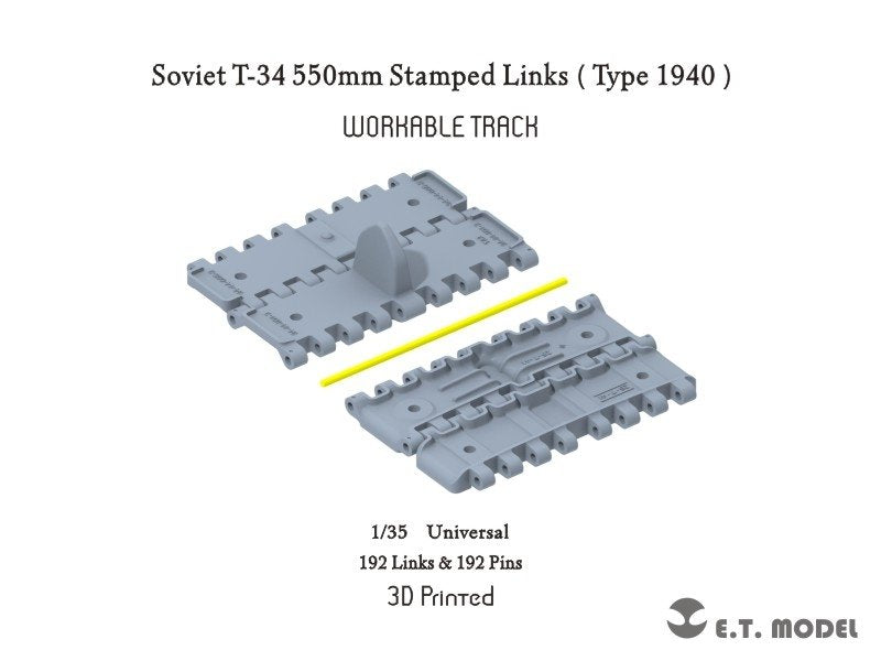 ET Model P35-018 Chenilles embouties de 550 mm pour char soviétique T-34 (Type 1940), modèle fonctionnel (impression 3D), échelle 1/35