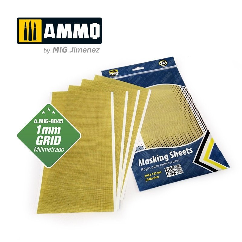 Feuilles de masquage Ammo of Mig Jimenez 8045, quadrillage 1 mm. Lot de 5 feuilles. 290 x 145 mm