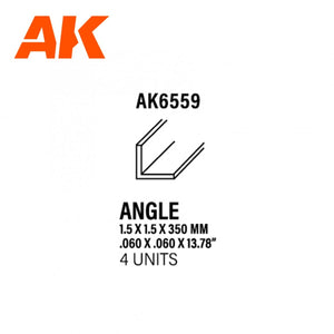 AK Interactive AK6559 ANGLE 1,50 X 1,50 X 350MM – ANGLE EN STYRÈNE – (4 UNITÉS)