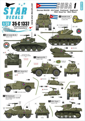 Star Decals 35-C1337 Chars et véhicules blindés à Cuba n° 1. M4A3E8 Sherman, A34 Comet, Staghound, Greyhound, M3A1 Scout Car, M3A1 Stuart. Échelle 1/35