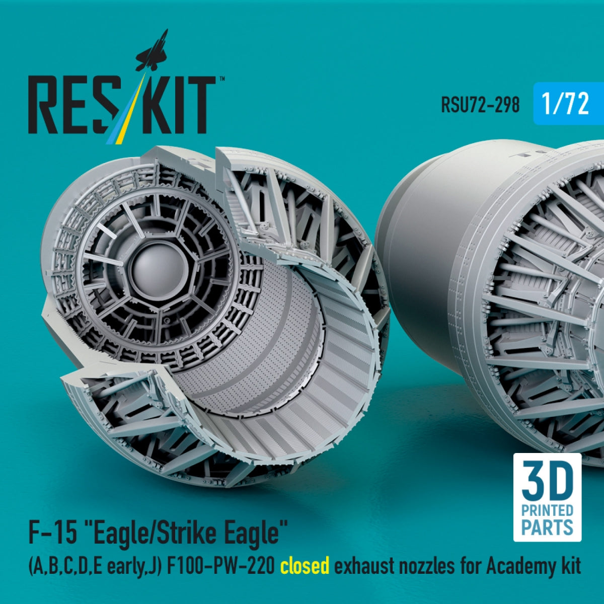 RESKIT RSU72-0298 F‑15 "Eagle/Strike Eagle" (A, B, C, D, E early, J) F100-PW-220 closed exhaust nozzles for Academy kit (3D Printed) 1/72