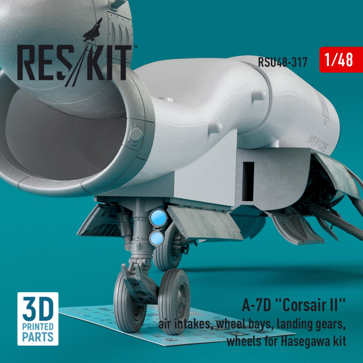 RESKIT RSU48-0317 A-7D « CORSAIR II » : prises d&amp;#39;air, puits de train d&amp;#39;atterrissage, trains d&amp;#39;atterrissage, roues pour maquette Hasegawa (impression 3D) au 1/48 – immagine 3