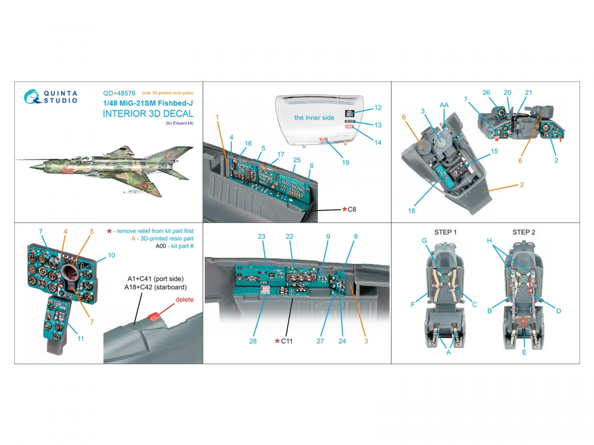 Intérieur imprimé en 3D et coloré sur papier décalcomanie (Eduard) pour MiG-21SM Fishbed-J (Quinta Studio QD+48576) (avec pièces en résine imprimées en 3D) 1/48 – imagen 2