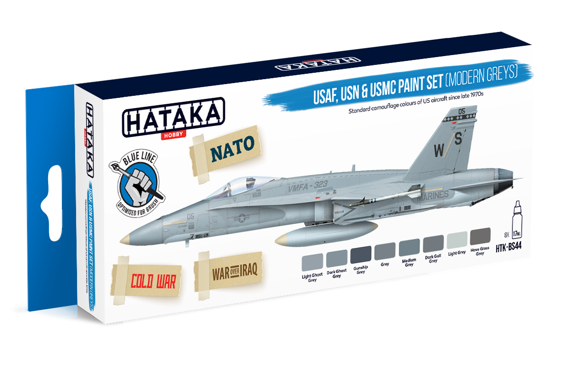 Hataka HTK-BS44 BLUE LINE – Coffret de peintures USAF, USN et USMC (gris modernes) 8 x 17 ml 