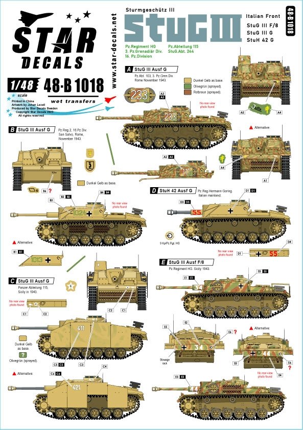 Star Decals 48-B1018 StuG III avant italien. Sturmgeschutz III Ausf F/8, StuG III Ausf G et StuH 42 Ausf G 1/48