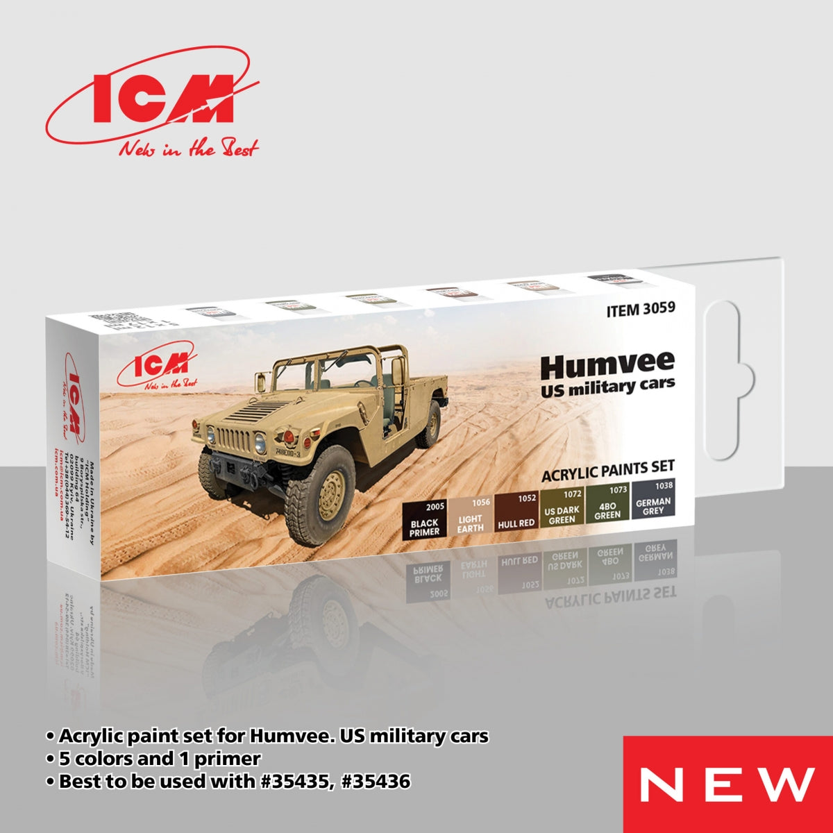 Ensemble de peintures acryliques ICM 3059 pour véhicules militaires américains Humvee, 12 ml x 6