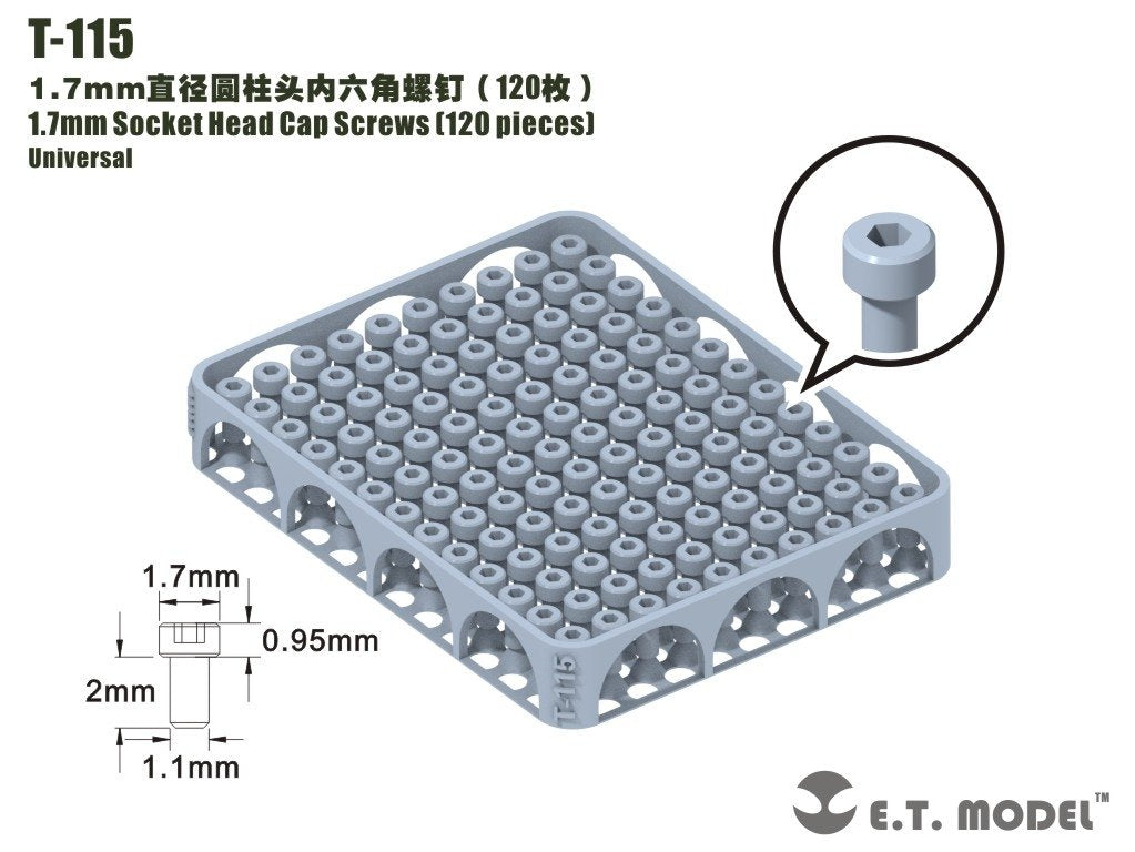Vis à tête cylindrique creuse ET modèle T-115, 1,7 mm, 120 pièces