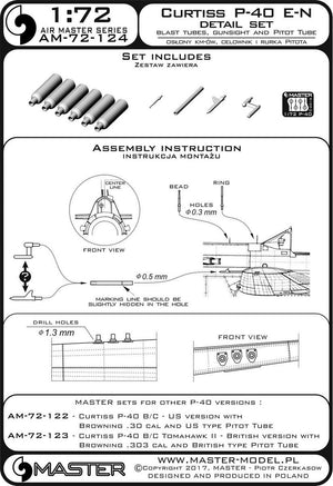 Master AM-72-124 Curtiss P-40 E - N - ensemble de détails - caches de mitrailleuses, viseur et tube pitot (1/72) – imagen 4