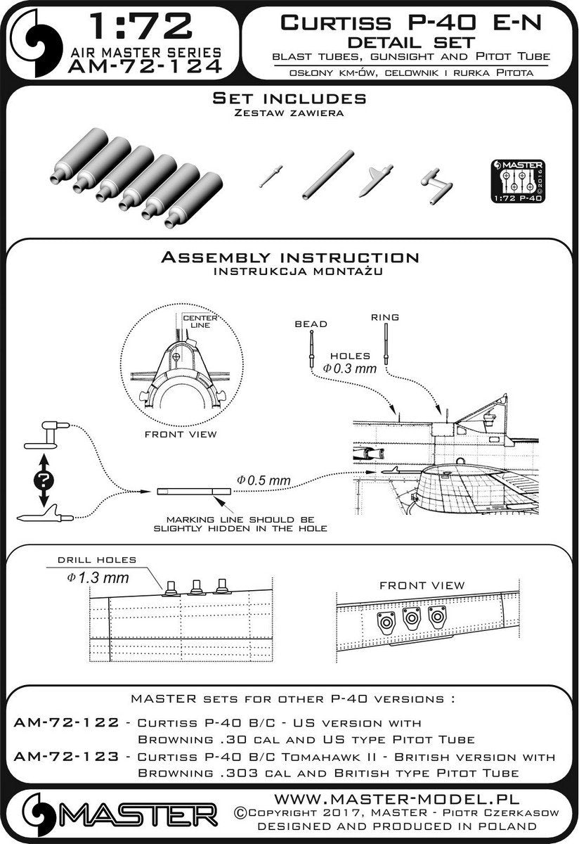 Master AM-72-124 Curtiss P-40 E - N - ensemble de détails - caches de mitrailleuses, viseur et tube pitot (1/72) – imagen 4