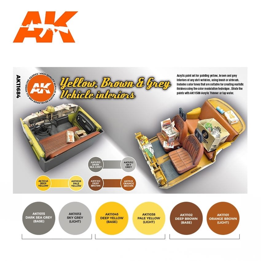 AK Interactive AK11684 3G YELLOW, BROWN &amp;amp; GREY VEHICLE INTERIORS 6x17 ml – zdjęcie 2