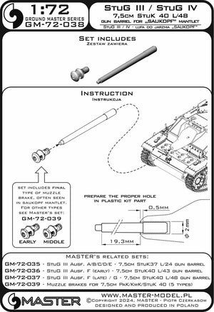 Master GM-72-038 StuG III / StuG IV - 7,5 cm StuK 40 L/48 - canon fonctionnel avec frein de bouche en résine pour mantelet de type « Saukopf » (mantelet non inclus) 1/72 – imagen 5