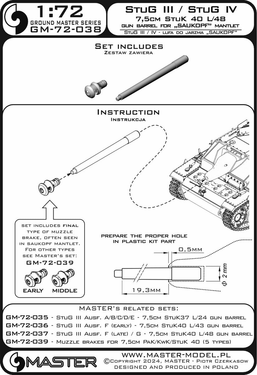 Master GM-72-038 StuG III / StuG IV - 7,5 cm StuK 40 L/48 - canon fonctionnel avec frein de bouche en résine pour mantelet de type « Saukopf » (mantelet non inclus) 1/72 – imagen 5