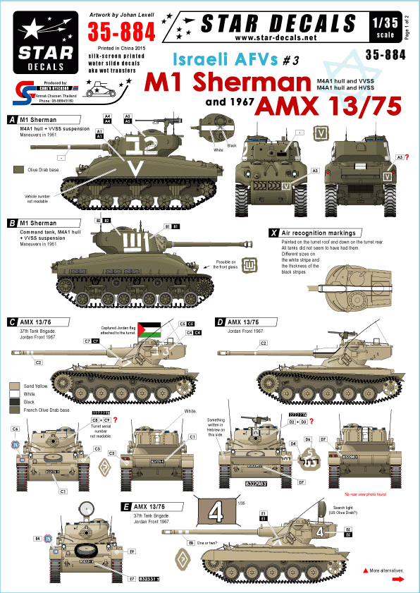 Star Decals 35-884 Véhicules blindés israéliens 3 M1 Sherman + AMX 13/75 1/35