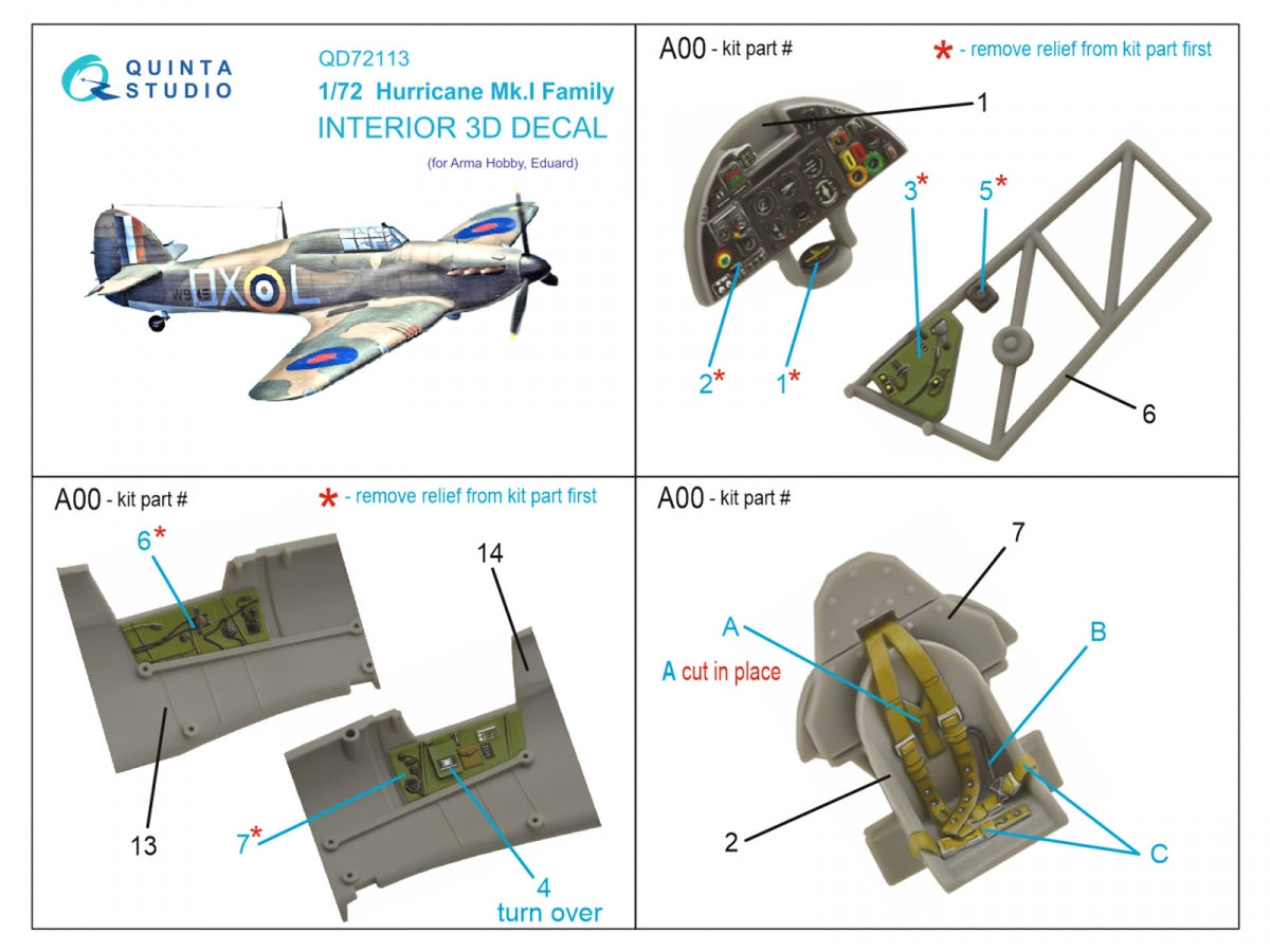 Intérieur coloré imprimé en 3D sur papier décalcomanie pour la famille Hurricane Mk.I de Quinta Studio QD72113 (Arma Hobby) à l&amp;#39;échelle 1/72 – immagine 2