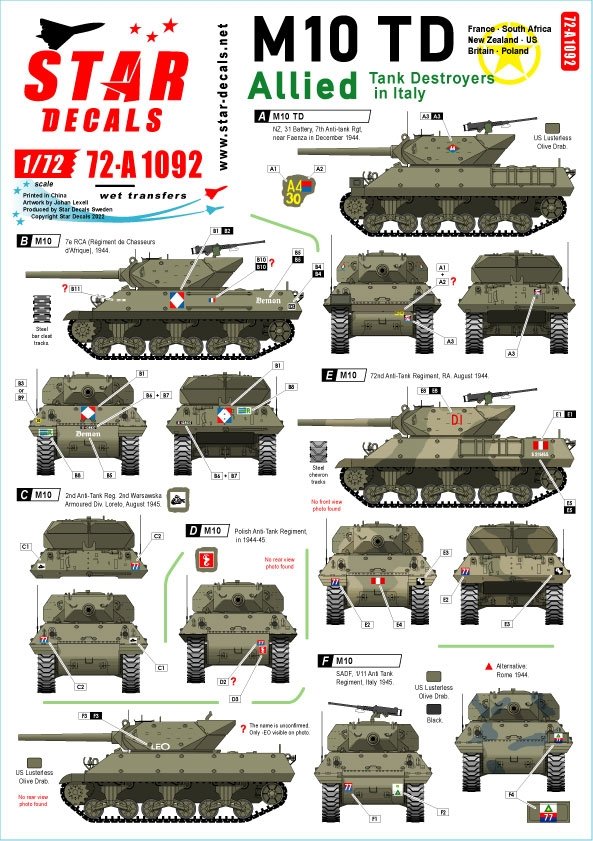 Star Decals 72-A1092 Chasseurs de chars alliés en Italie. M10 TD et M10 Achilles. France, Afrique du Sud, Nouvelle-Zélande, États-Unis, Grande-Bretagne, Pologne. Échelle 1/72