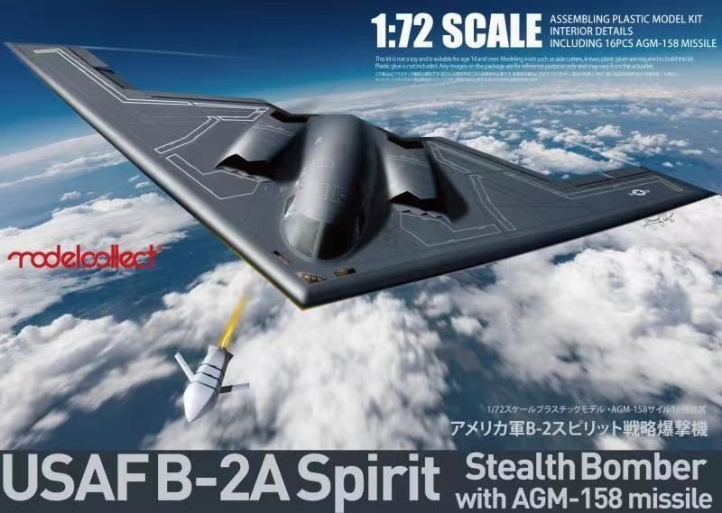 Maquette Modelcollect UA72214 Bombardier furtif B-2A Spirit de l'USAF avec missile AGM-158, échelle 1/72