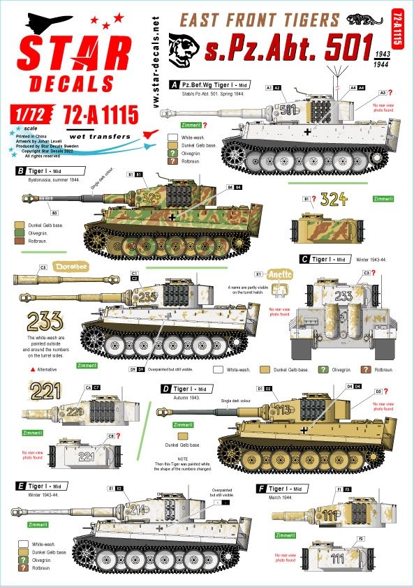 Star Decals 72-A1115 Tigres du Front Est s.Pz.Abt. 501 1943-44 Tiger I et Befehls-Tiger I Production moyenne 1/72