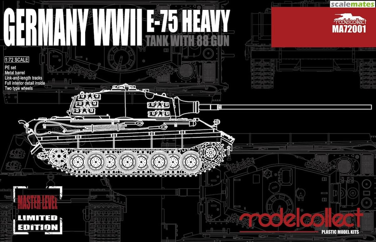 Maquette Modelcollect MA72001 Char lourd allemand E-75 de la Seconde Guerre mondiale avec canon de 88 mm, échelle 1/72