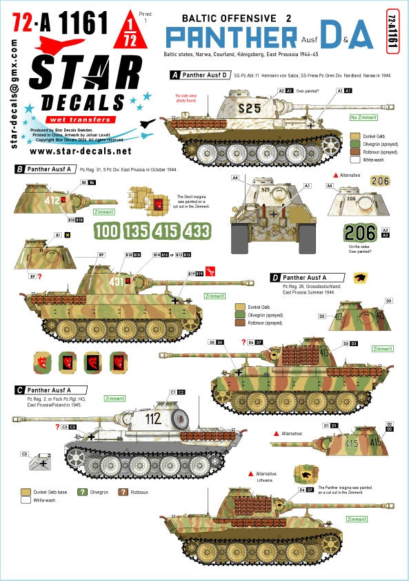 Star Decals 72-A1161 Panther Ausf D et A. Offensive baltique n° 2. SS-Nordland, GD et 5e division blindée en 1944-45. Pays baltes - Narwa - Courlande - Königsberg - Prusse-Orientale. Échelle 1/72.