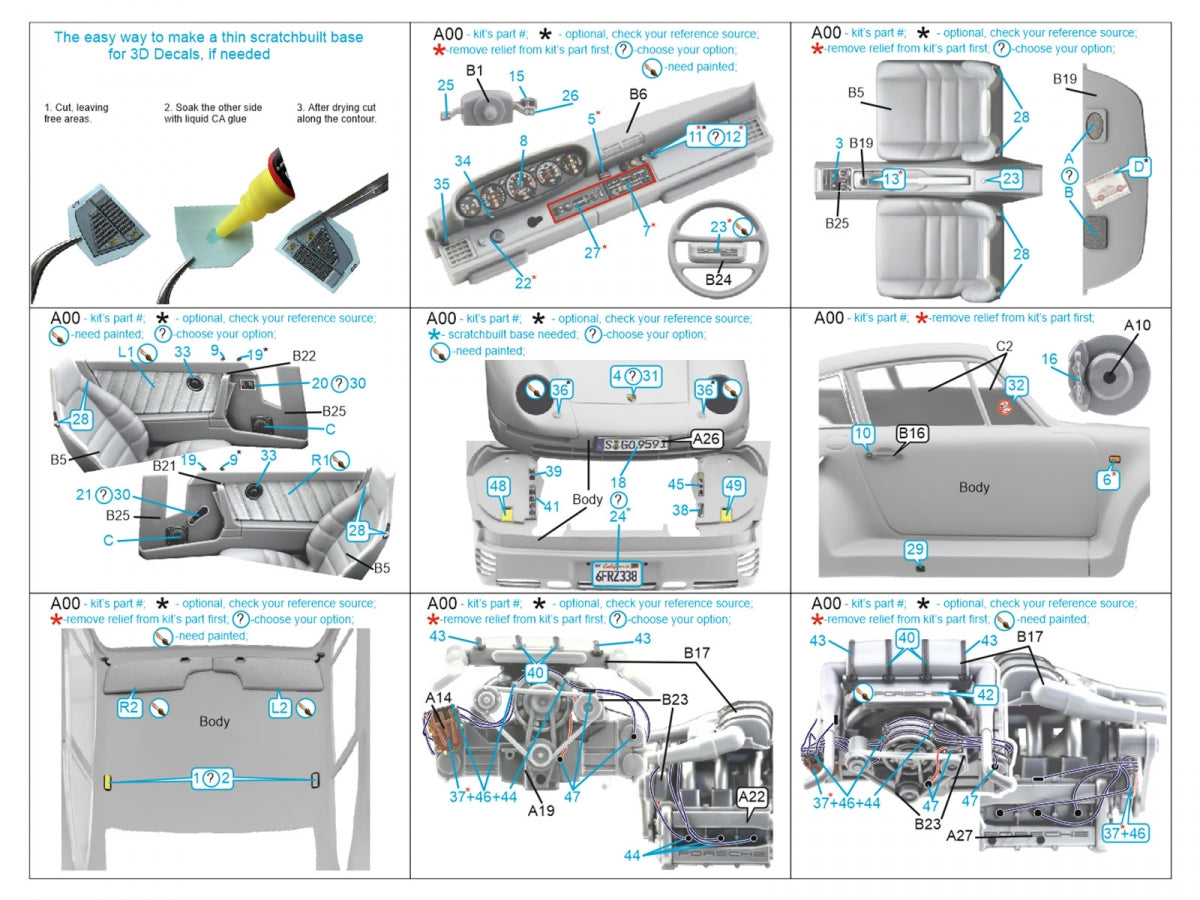 Intérieur imprimé en 3D et coloré sur papier décalcomanie Quinta Studio QD24003 Porsche 959 (Tamiya) 1/24 – imagen 2
