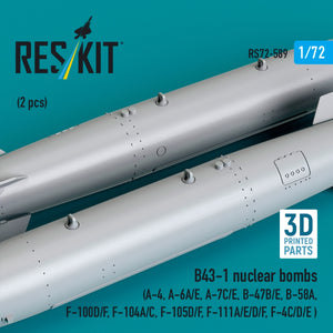 RESKIT RS72-0589 B43-1 nuclear bombs (2 pcs) (A-4, A-6A/E, A-7C/E, B-47B/E, B-58A, F-100D/F, F-104A/C, F-105D/F, F-111A/E/D/F, F-4C/D/E ) (3D Printed) 1/72