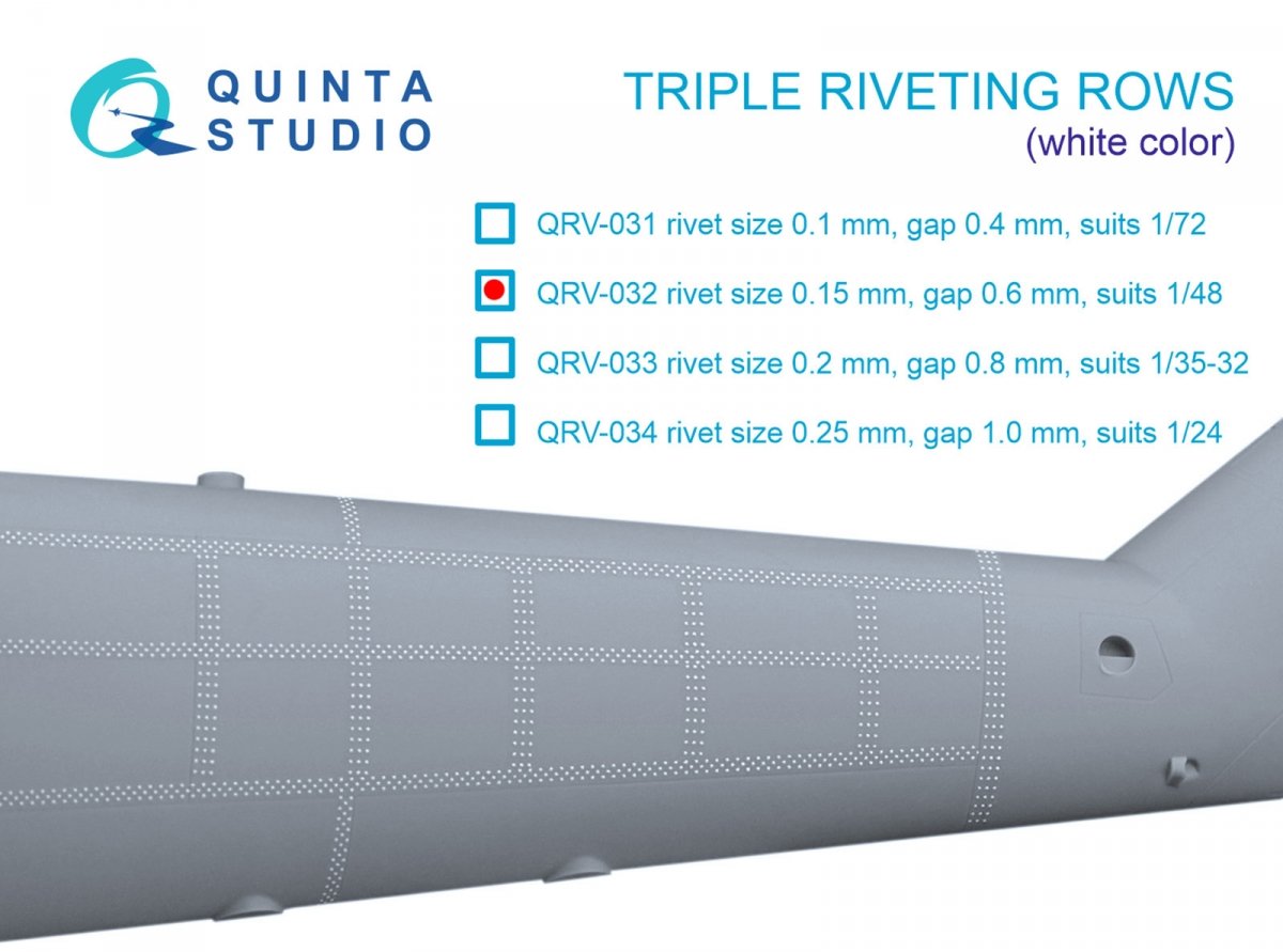 Rangées de rivets triples Quinta Studio QRV-032 (taille des rivets : 0,15 mm, écartement : 0,6 mm, convient à l’échelle 1/48), couleur blanche, longueur totale : 4,4 m / 14 pi