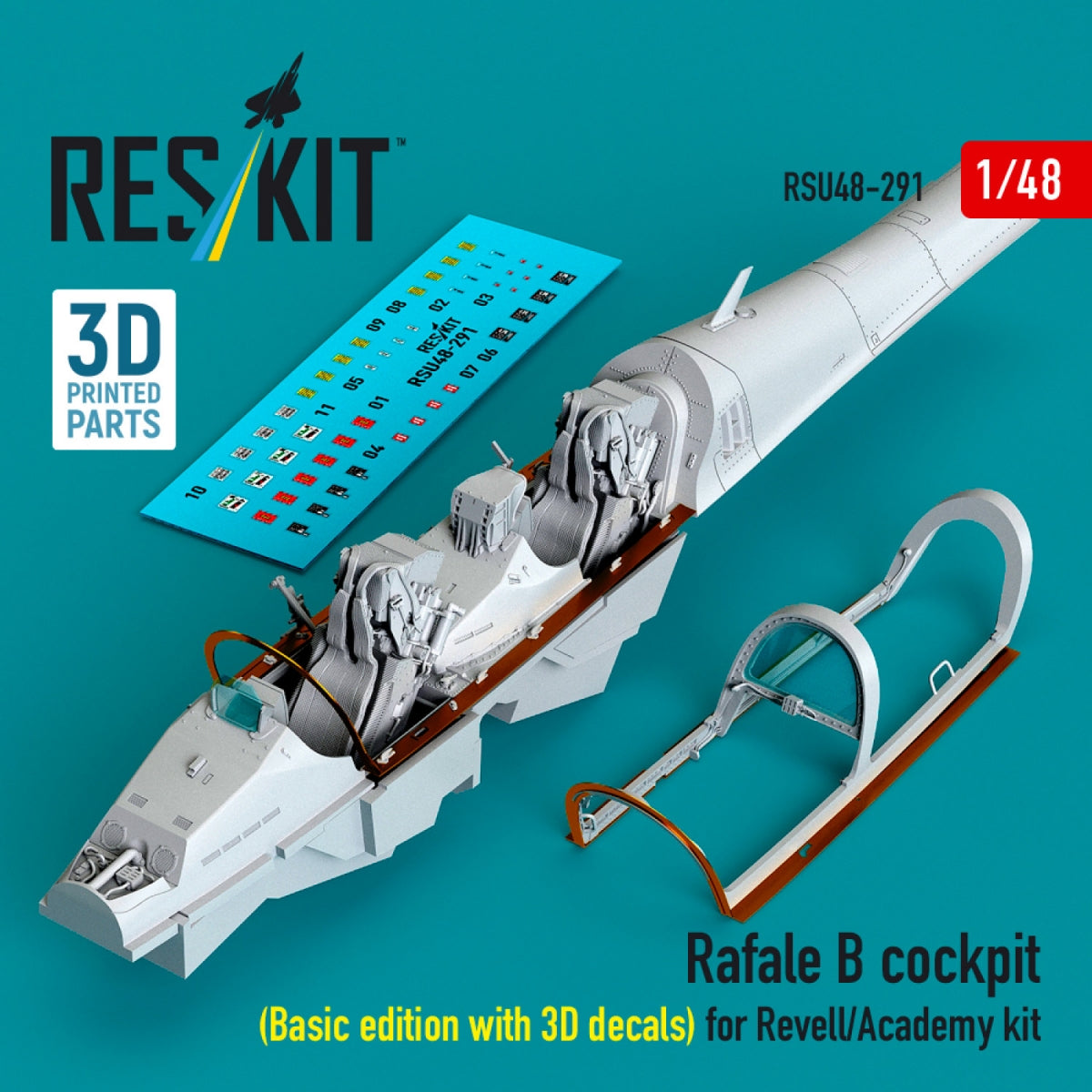 RESKIT RSU48-0291 Rafale B cockpit (Basic edition with 3D decals) for Revell/Academy kit (3D Printed) 1/48