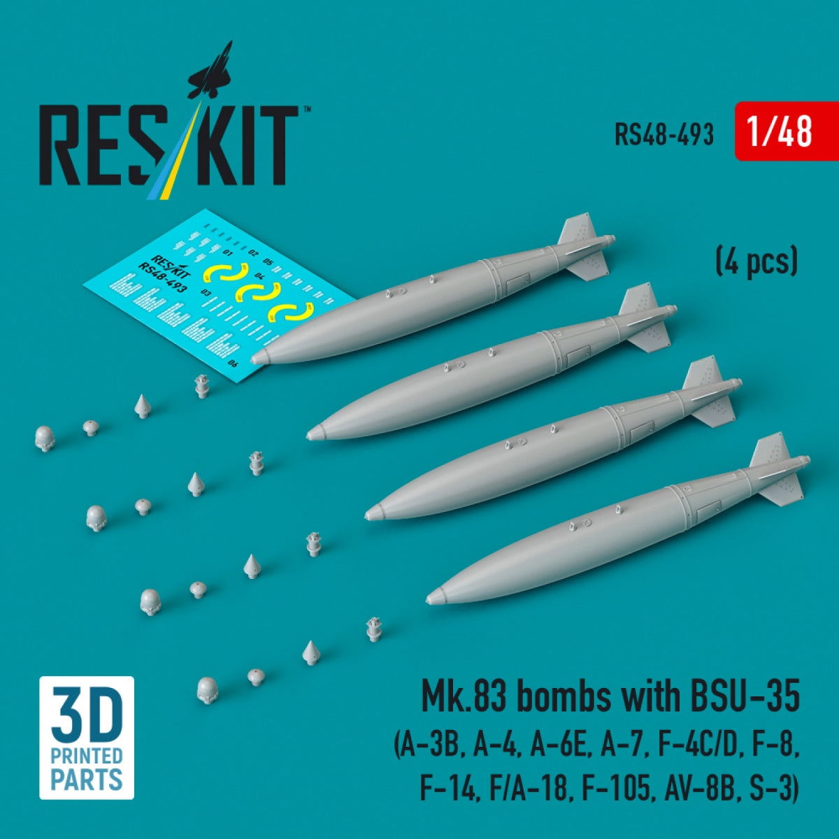 RESKIT RS48-0493 Bombes Mk.83 avec BSU-35 (4 pièces) (impression 3D) 1/48