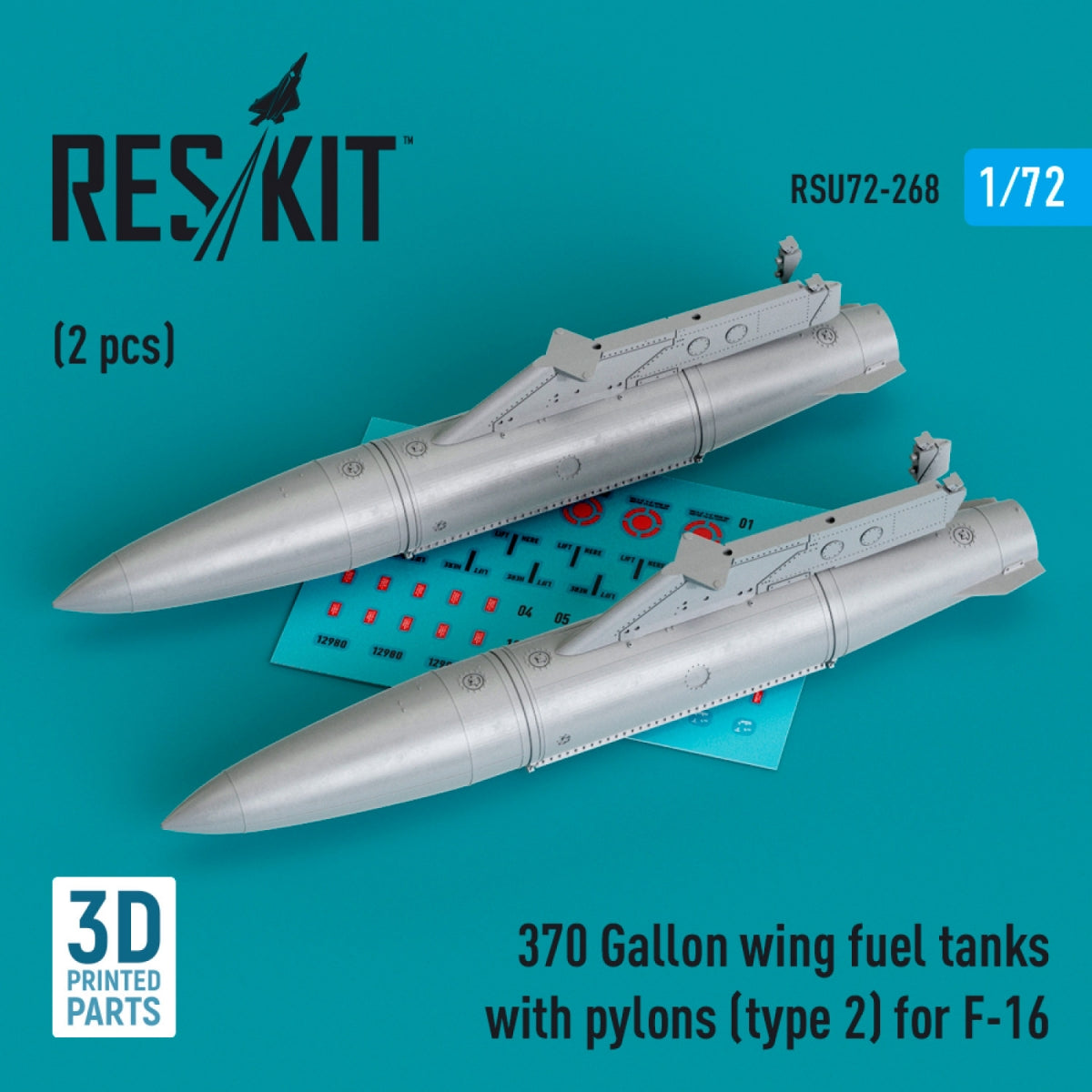 Réservoirs de carburant d'aile RESKIT RSU72-0268 de 370 gallons avec pylônes (type 2) pour F-16 (2 pièces) (Impression 3D) 1/72