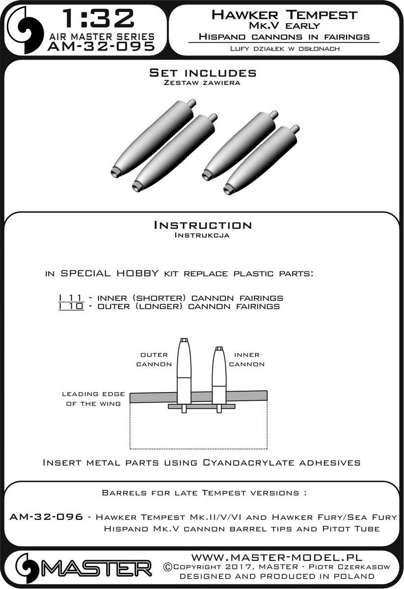 Master AM-32-095 Hawker Tempest Mk.V version initiale - Canons Hispano de 20 mm sous manchons (4 pièces) (1/32) – image 3