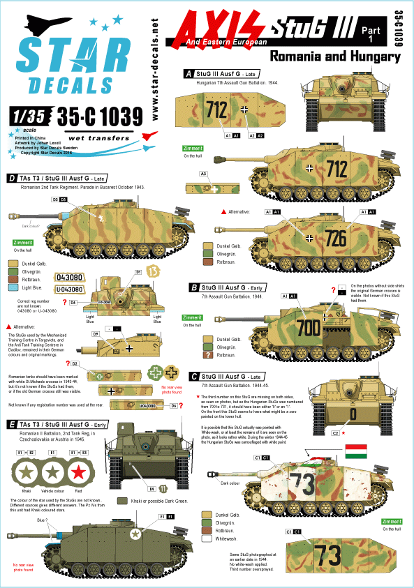Star Decals 35-C1039 StuG III Axe/Europe de l'Est (1) 1/35