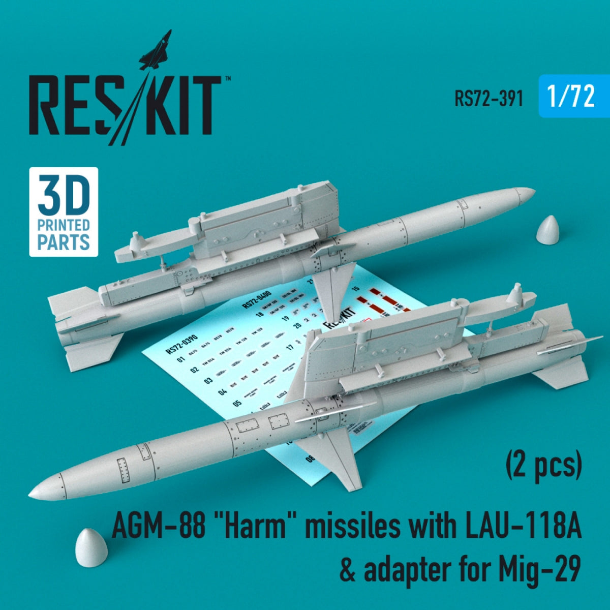 RESKIT RS72-0391 MISSILES AGM-88 « HARM » AVEC LAU-118 ET ADAPTATEUR POUR MIG-29 (2 PIÈCES) 1/72