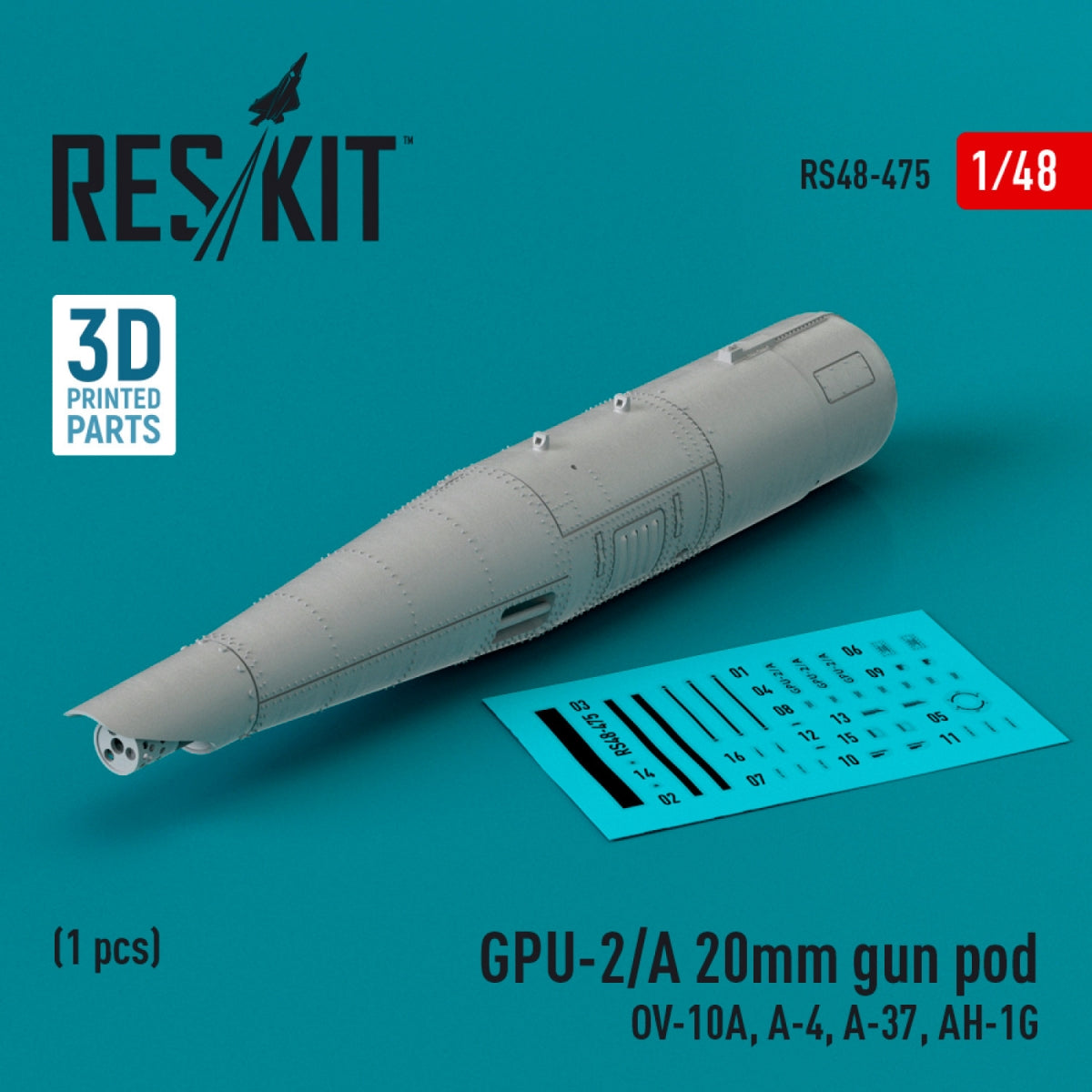 RESKIT RS48-0475 GPU-2/A Nacelle de canon de 20 mm (1 pièce) (Imprimé en 3D) 1/48