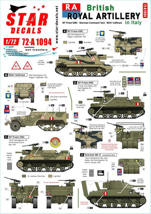 Star Decals 72-A1094 Artillerie royale britannique en Italie. Char de commandement M7 Priest, char de commandement Sherman, semi-chenillé M3A1. Échelle 1/72
