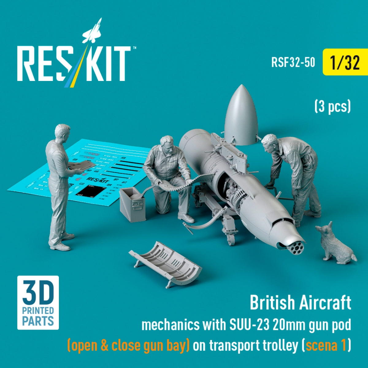 RESKIT RSF32-0050 British Aircraft mechanics with SUU-23 20mm gun pod (open &amp; close gun bay) on on transport trolley (scene 1) (3 pcs) (3D Printed) 1/32