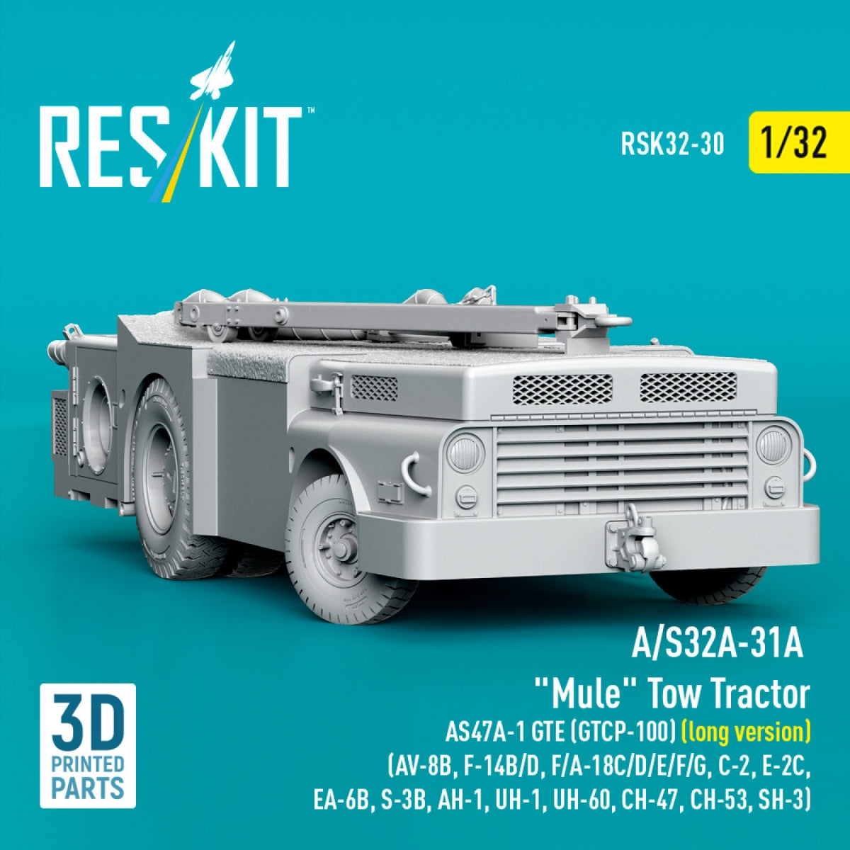 RESKIT RSK32-0030 A/S32A-31A "Mule" Tow Tractor AS47A-1 GTE (GTCP-100) (long version) (AV-8B, F-14B/D, F/A-18C/D/E/F/G, C-2, E-2С, EA-6B, S-3B, AH-1, UH-1, UH-60, CH-47, CH-53, SH-3) (3D Printed model kit) 1/32