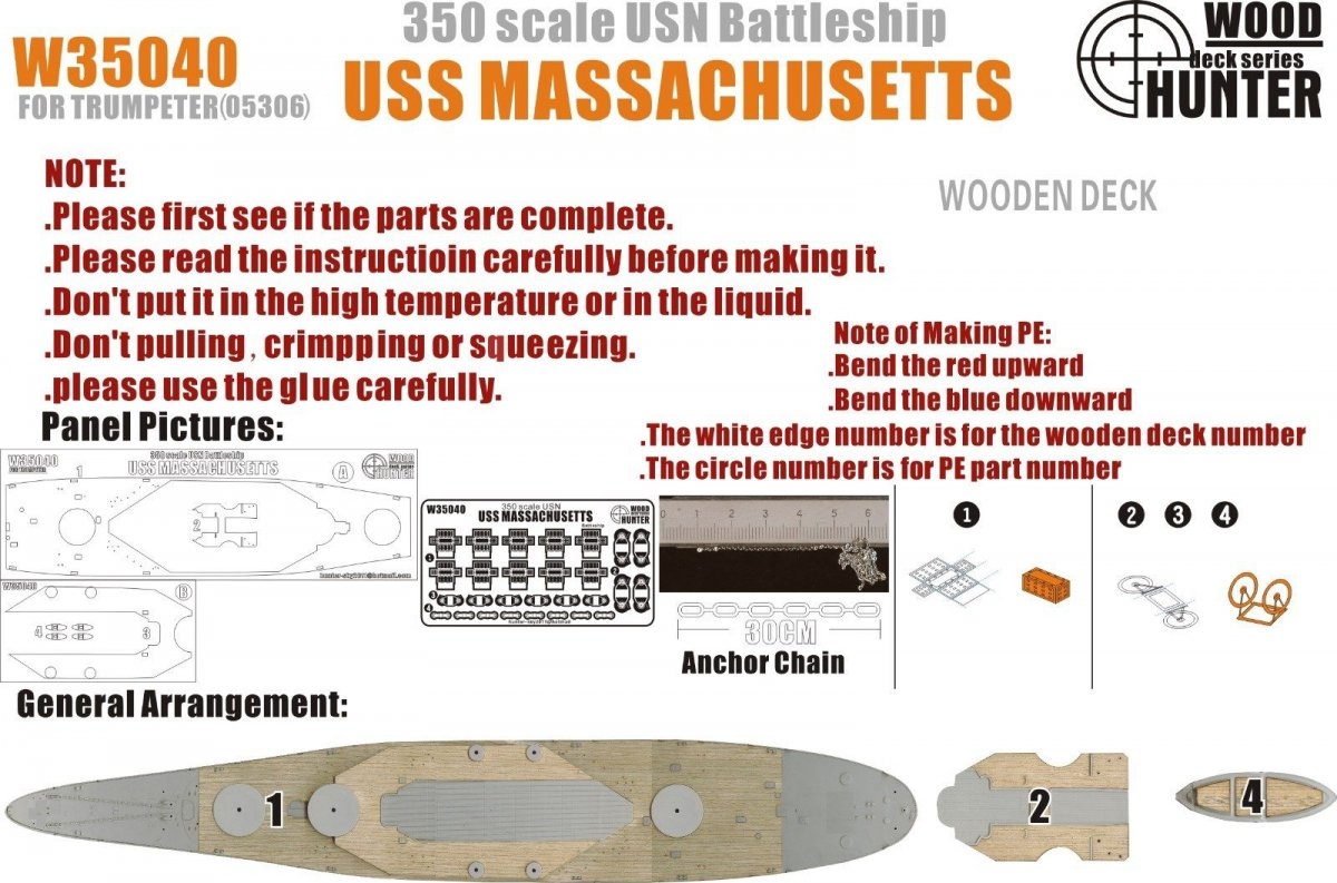 Wood Hunter W35040 Pont en bois de l'USS Massachusetts pour Trumpeter (1/350)
