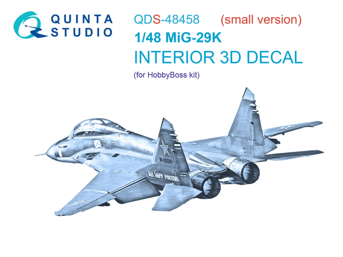 Intérieur coloré imprimé en 3D sur papier décalcomanie pour MiG-29K (QDS-48458 de Quinta Studio, HobbyBoss) (petite version) 1/48