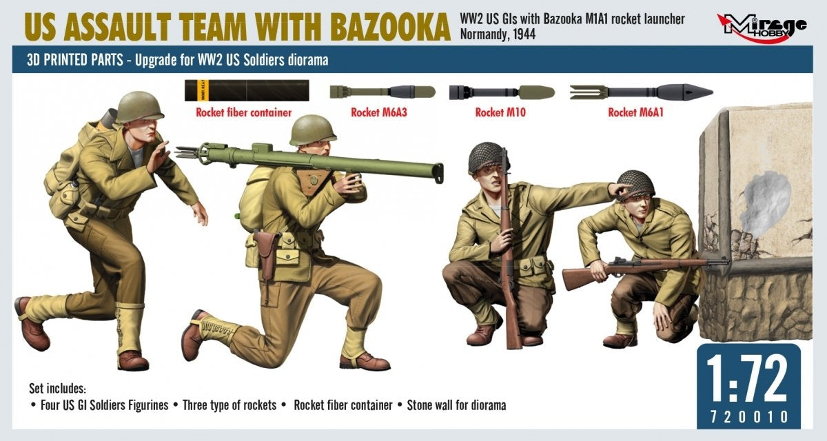 Mirage Hobby 720010 ÉQUIPE D&amp;#39;ASSAUT AMÉRICAINE AVEC BAZOOKA, GI américains de la Seconde Guerre mondiale avec lance-roquettes M1A1, Normandie, 1944, échelle 1/72