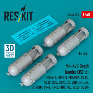 RESKIT RS48-0571 Mk-XVII Depth bombs (350 lb) (4 pcs) (PB4Y-1, PB4Y-2, PBY/PBN, PB2Y, SB2C, SOC, SO3C, SC, SBD, JRF, J4F, TBF/TBM, PV-1, PV-2, PBM, PBJ, OS2U, SB2U ) (3D Printed) 1/48