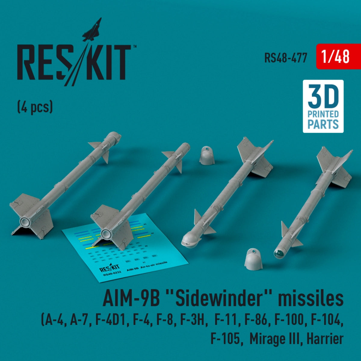 Missiles AIM-9B « Sidewinder » RESKIT RS48-0477 (4 pièces) (Impression 3D) 1/48
