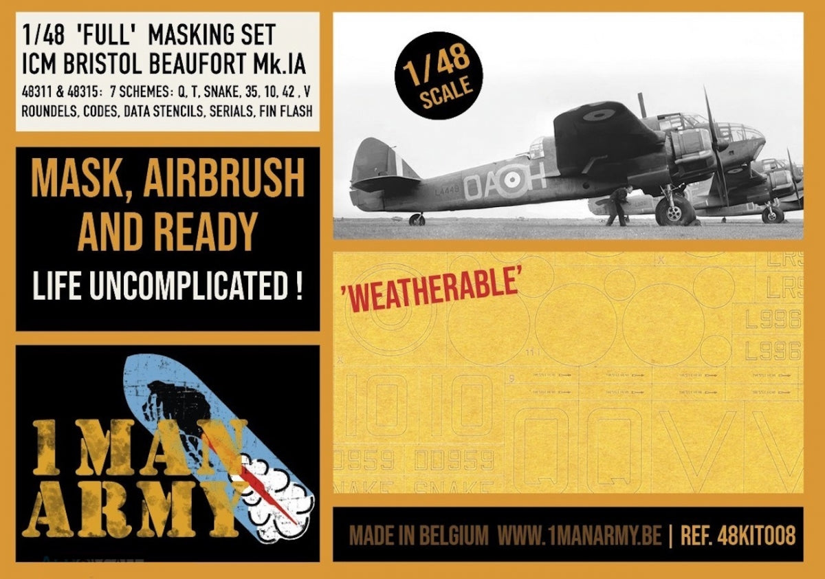 1 Man Army 48KIT008 Full Masking Set Bristol Beaufort Mk.IA (ICM) 1/48