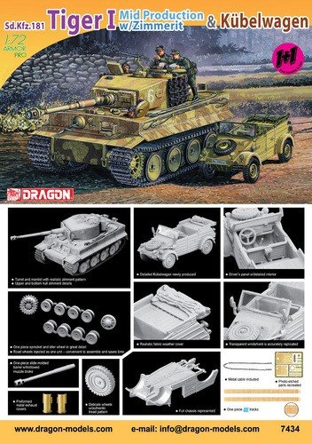 Dragon 7434 Tiger I Mid Production with Zimmerit and Kubelwagen 1/72 – zdjęcie 2