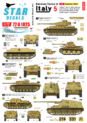 Star Decals 72-A1025 Chars allemands en Italie n° 5. Cassino 1944. Échelle 1/72