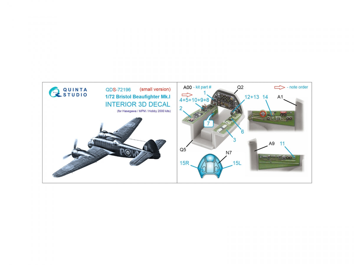 Intérieur imprimé en 3D et coloré sur papier décalcomanie Quinta Studio QDS-72196 Bristol Beaufighter Mk.I (Hasegawa/MPM/Hobby2000) (petite version) 1/72 – image 2
