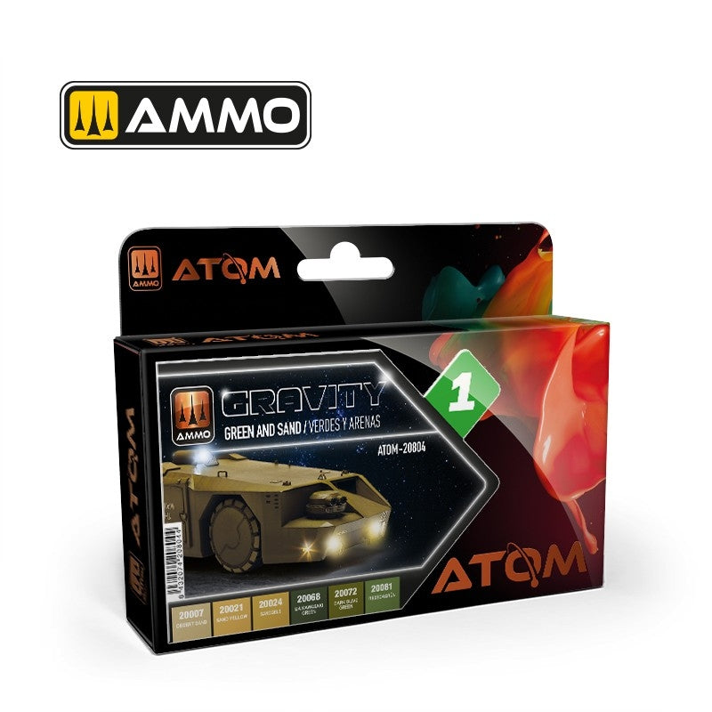 AMMO de Mig Jimenez 20804 ATOM Gravity Vert et Sable, lot de 6 x 20 ml