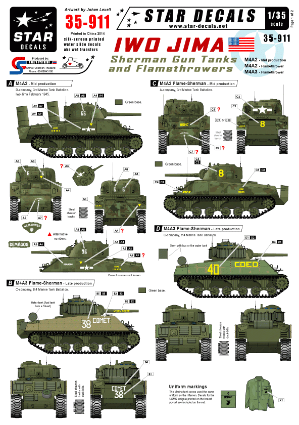 Star Decals 35-911 Chars Sherman à canon et lance-flammes d'Iwo Jima 1/35