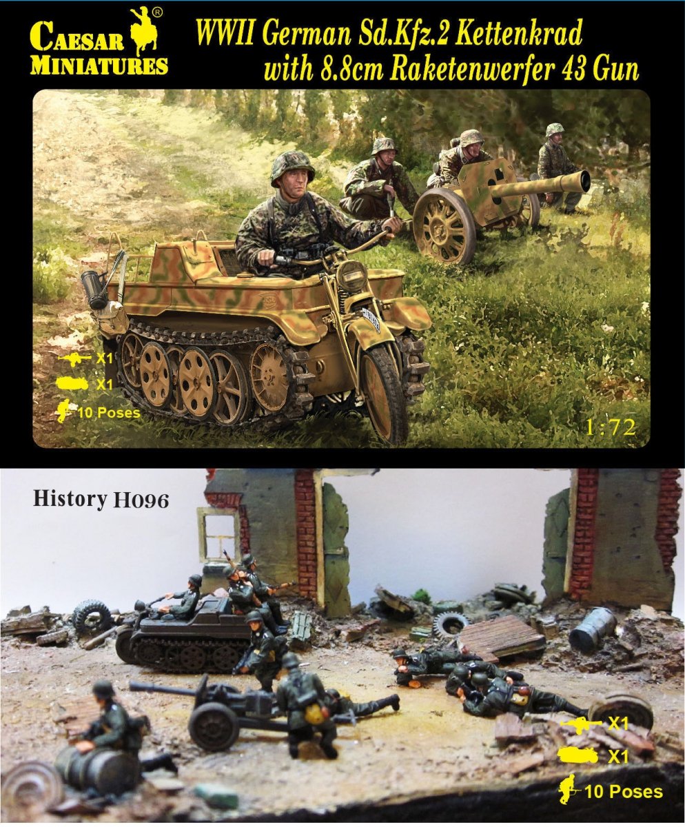 Caesar Miniatures H096 WW2 Allemand Sd.Kfz.2 Kettenkrad w.8.8cm Reketenwerfer 43 Gun (1/72)