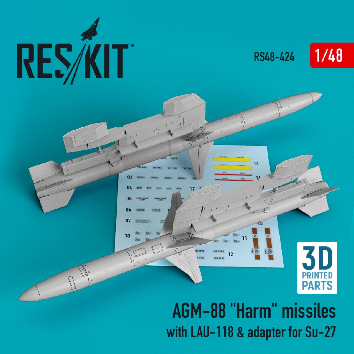 RESKIT RS48-0424 MISSILES AGM-88 « HARM » AVEC LAU-118 ET ADAPTATEUR POUR SU-27 (2 PIÈCES) 1/48