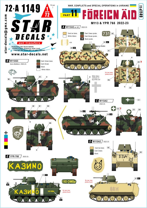 Star Decals 72-A1149 Guerre en Ukraine n° 11 Aide étrangère à l&amp;#39;Ukraine 2022-2023. M113A2/A3, M113G3 et YPR-765 1/72